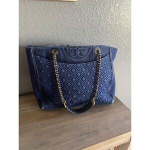 Tory Burch Blue Quilted Denim Fleming Tote Shoulder Bag LARGE